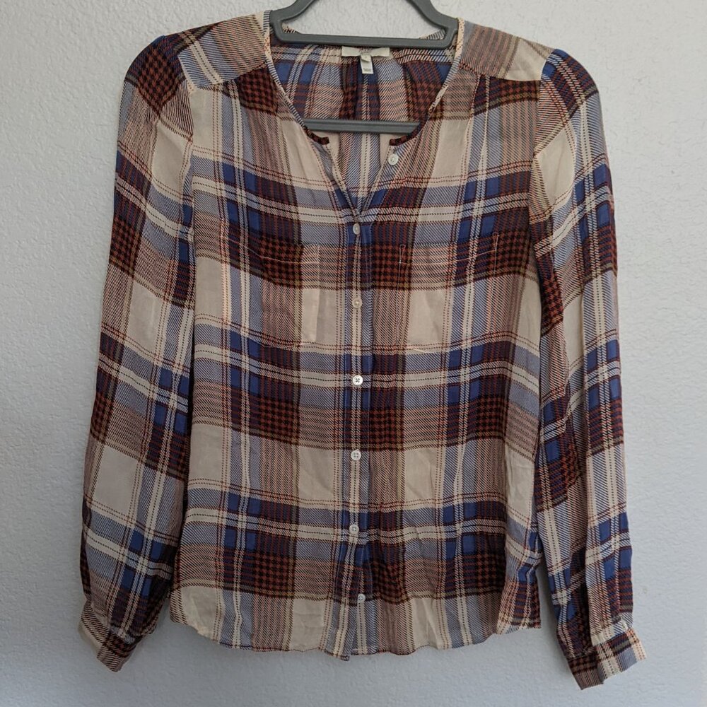 Joie 100% Silk Blouse Red Orange Blue Dark Brown Plaid S